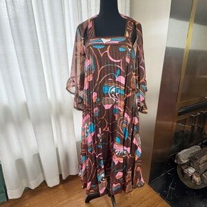Vintage 70s pleated dress with capelet, Algo Canada, brown, blue, pink, size 6